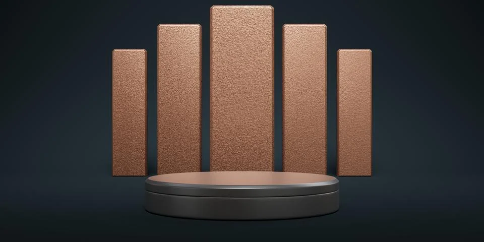 3d render podium platform grey background golden boxes Stock-Illustration