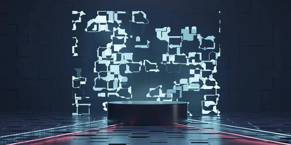 3d render podium , platform studio disply scene with blue neon.  showcase sce Stock Illustration