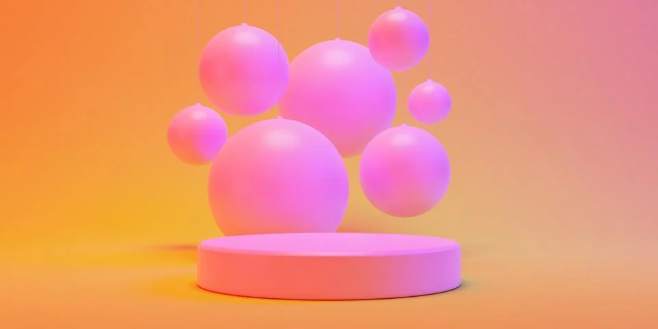 3d render podium platform warm orange background and shiny pink balls Stock-Illustration