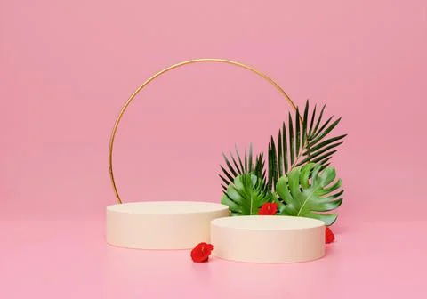 3d render of podium with summer plant, Summer holiday. tropical concept idea Stock Illustration