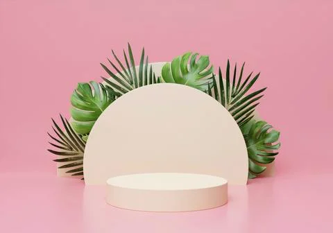 3d render of podium with summer plant, Summer holiday, Time to travel concept Stock Illustration