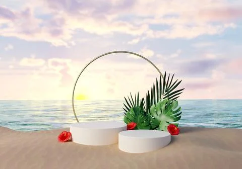 3d render of podium with summer plant. Creative tropical concept idea with copy Stock Illustration