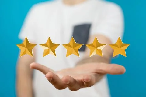 A 3d render pointing five star symbol to increase rating of company in a man' Foto stock