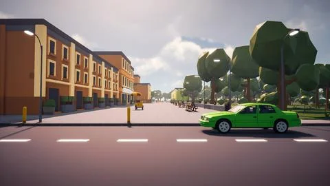 3D Render Polygon street in the old town and sustainable development, envir.. Ilustración de archivo