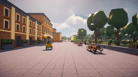 3D Render Polygon street in the old town and sustainable development, envir.. Ilustración de archivo