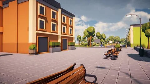 3D Render Polygon street in the old town and sustainable development, envir.. Ilustración de archivo