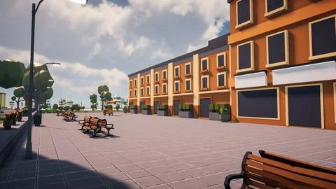 3D Render Polygon street in the old town and sustainable development, envir.. Ilustración de archivo