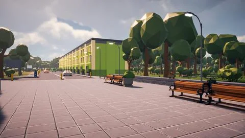 3D Render Polygon street in the old town and sustainable development, envir.. Stock Illustration