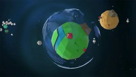 3d render. Polygonal style colored planets in alpha channel over dark background Stock Illustration