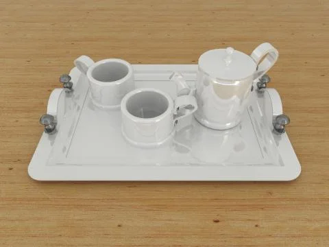 3D render of a porcelain teacup with cups on a tray on wooden surface Stock Illustration