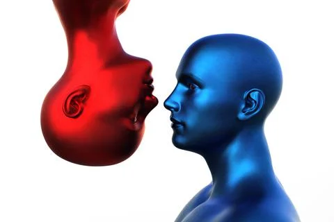 3d render. Portrait of a blue bald man and a red bald woman upside down on a Stock Illustration