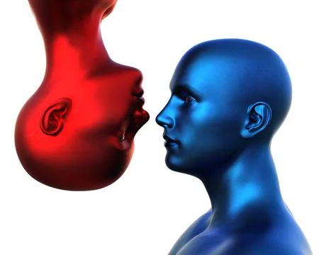 3d render. Portrait of a blue bald man and a red bald woman upside down on a Stock Illustration
