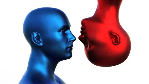 3d render. Portrait of a blue bald man and a red bald woman upside down on a Stock Illustration