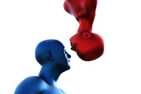 3d render. Portrait of a blue bald man upside down and a red bald woman on a Stock Illustration