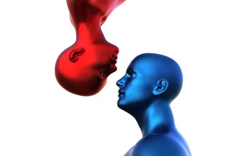 3d render. Portrait of a blue bald man and a red bald woman upside down on a Stock Illustration