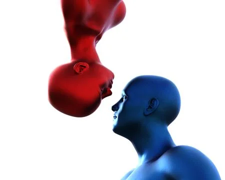 3d render. Portrait of a blue bald man upside down and a red bald woman on a Stock Illustration