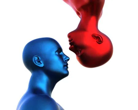 3d render. Portrait of a blue bald man and a red bald woman upside down on a Stock Illustration