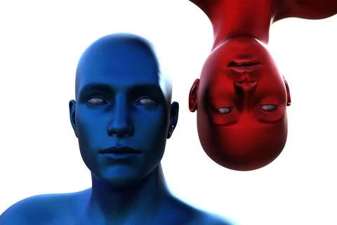3d render. Portrait of a blue bald man upside down and a red bald woman on a Stock Illustration