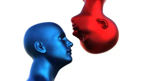 3d render. Portrait of a blue bald man and a red bald woman upside down on a Stock Illustration