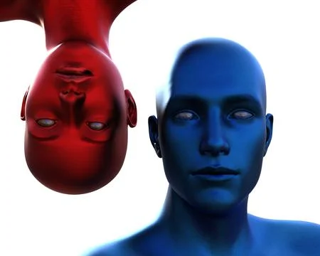 3d render. Portrait of a blue bald man upside down and a red bald woman on a Stock Illustration