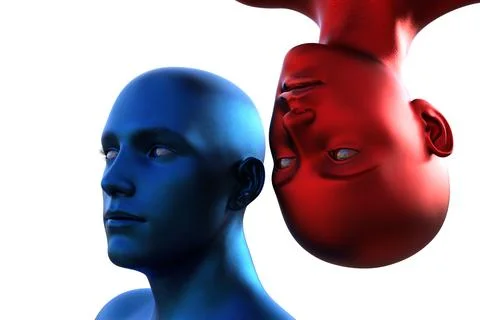 3d render. Portrait of a blue bald man upside down and a red bald woman on a Stock Illustration