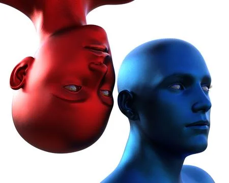 3d render. Portrait of a blue bald man upside down and a red bald woman on a Stock Illustration