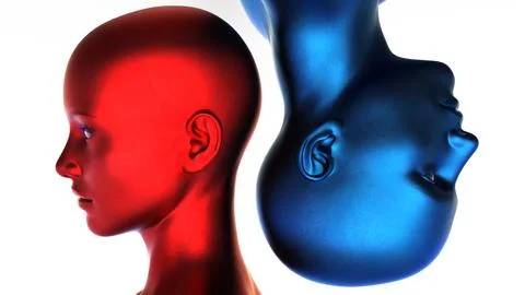3d render. Portrait of a blue bald man upside down and a red bald woman on a Stock Illustration