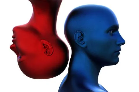 3d render. Portrait of a blue bald man upside down and a red bald woman on a Illustrazione stock