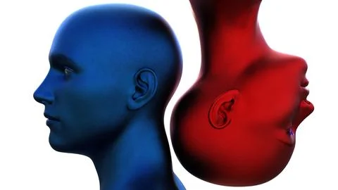 3d render. Portrait of a blue bald man upside down and a red bald woman on a Stock Illustration