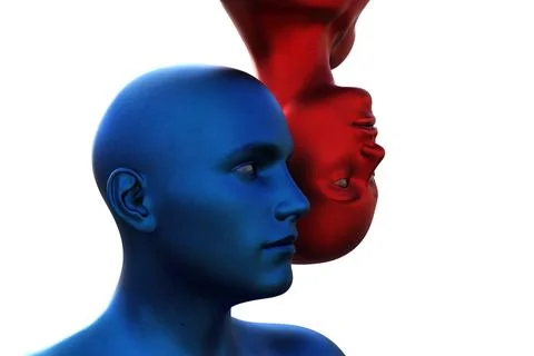 3d render. Portrait of a blue bald man upside down and a red bald woman on a Stock Illustration