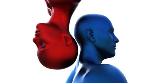 3d render. Portrait of a blue bald man upside down and a red bald woman on a Stock Illustration