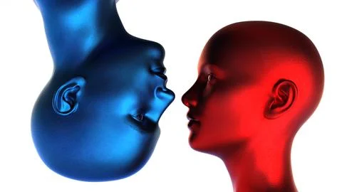 3d render. Portrait of a blue bald man and a red bald woman upside down on a Stock Illustration