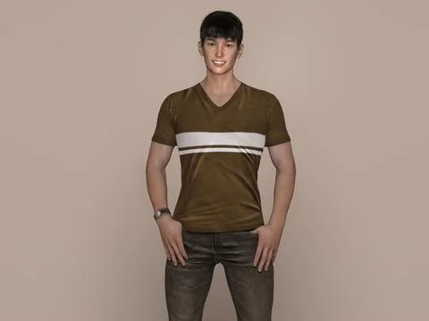 3D Render : Portrait of a smiling young handsome man in  T-shirt and jeans Stock Illustration