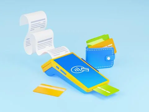 3d, render pos terminal, bill, card and wallet Stockillustratie