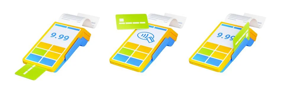 3d render pos terminal, paper check bill and card Stockillustratie