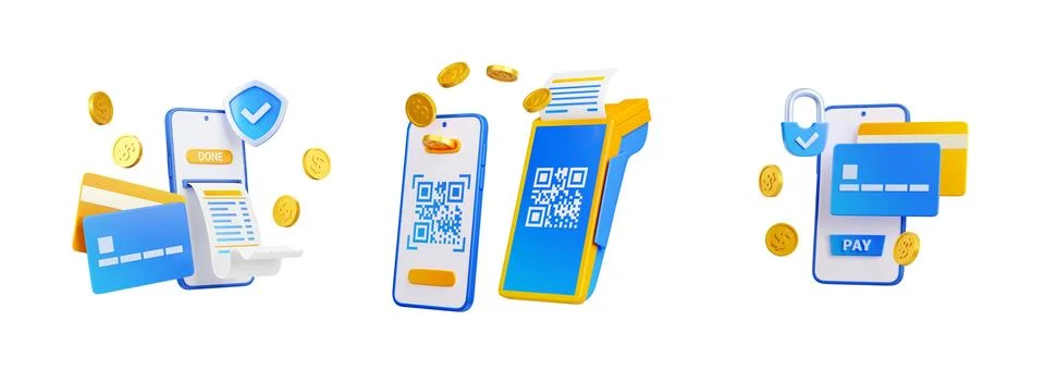 3d render pos terminal, paper check bill and cards Illustrazione stock