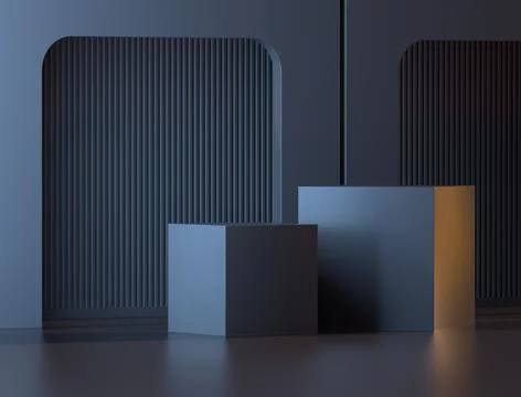 3D render presentation showcase. Dark stage scene with two cubes in the room Stock Illustration