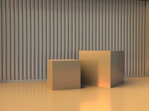 3D render presentation showcase. Light stage scene with two gold cubes in the Stock Illustration