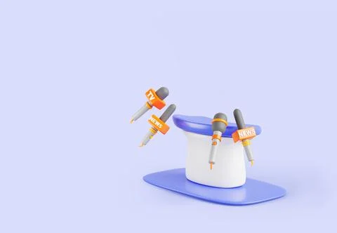 3d render press conference table with news microphones banner. Podium or tribune Illustrazione stock