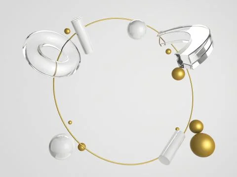 3d render primitives composition. Flying shapes in motion on white background Stock Illustration