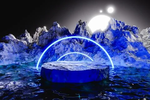 3d render of product presentation stand surrounded by neon lights in water Stock Photos