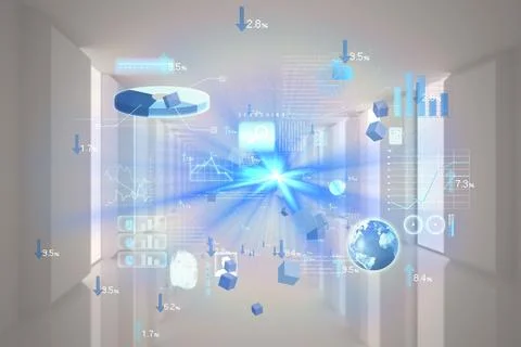 3D render is projecting floating holographic charts cubes globe search icon data Stock Illustration