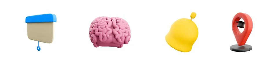 3d render projector, brain, bell, navigation icon set on white background. 3d Stock Illustration