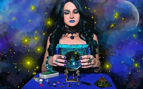 3D render of a Psychic with Crystal Ball. and tarot cards on Galaxy Backgroun Stock Illustration