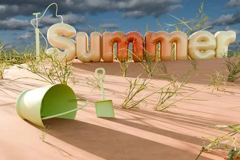 3d render of pumped up letters spelling out summer with beach pail and shovel Stock Illustration