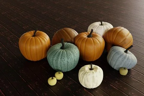 3d render of pumpkins and gourds on wooden  table Illustrazione stock