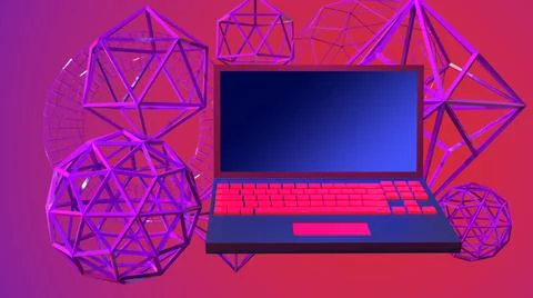 3D Render, purple laptop with abstract geometric frame accessories Stock Illustration
