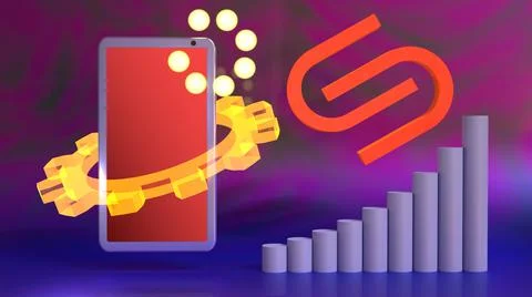 3D Render, purple smartphone with gear and chart, and loading icon Stock Illustration