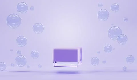 3d render, purple square podium with bubbles water on lavender background Illustrazione stock