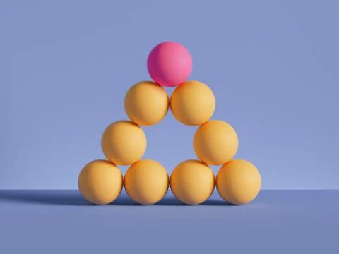3d render, pyramid of yellow balls isolated on violet background. 스톡 일러스트